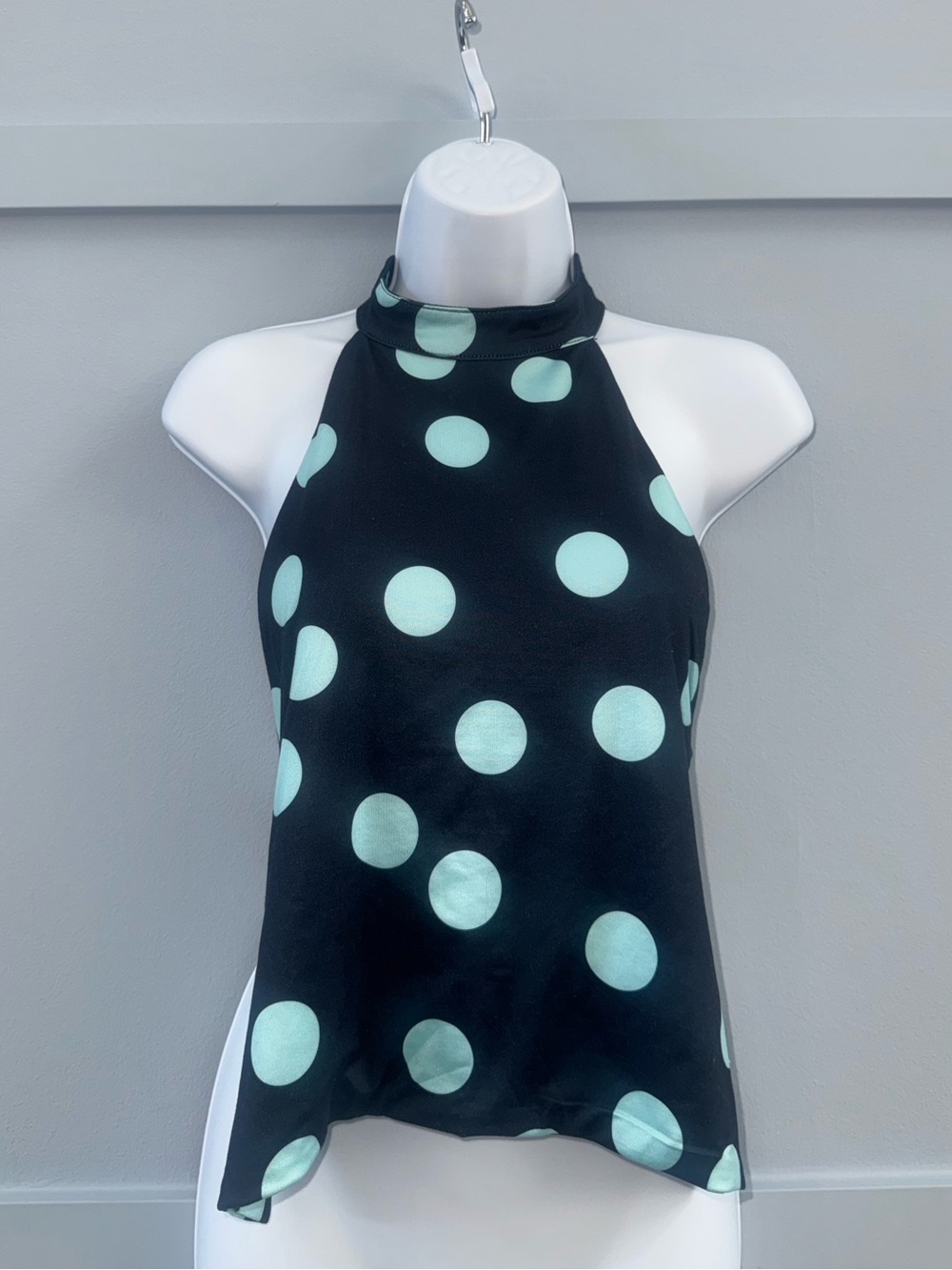 Dark Navy Halter Tank with Mint Polka Dots and open back